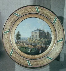 Meissen-Teller, dekoriert mit einer Szene des Apsley House mit einer Parade von Kavalleriesoldaten, ca. 1818